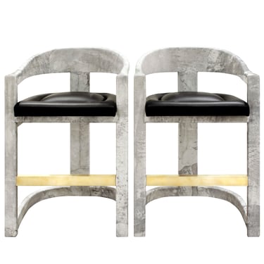 Karl Springer Pair of Goatskin Onassis Bar Stools 1980s - SOLD