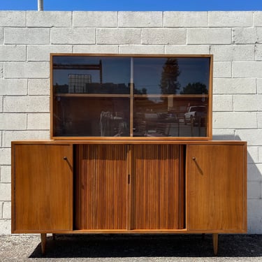 2pc Milo Baughman Tambour Door Cabinet and Glass Hutch by Glenn of California Mid Century Modern Furniture Walnut Wood Buffet Console 