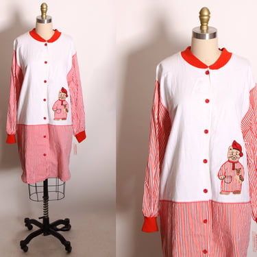 Deadstock 1980s Red and White Striped Novelty Teddy Bear Long Sleeved Flannel Pajamas Night Gown by Jodie Ardea 