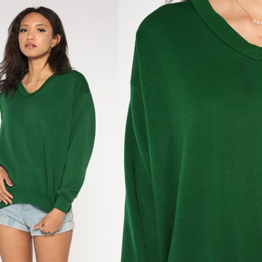 Green V Neck Sweatshirt 70s Sweatshirt 1970s Plain Long Sleeve Shirt Slouchy Vintage Blank Dark Green Sweat Shirt Large L 