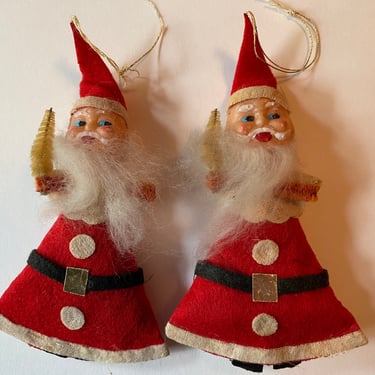 Vintage Cloth Santa Claus Ornaments, Set Of Two, Plastic Faces Velveteen Suits, Christmas Ornaments, Santa Collector, Unbreakable 