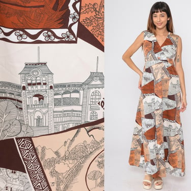 Boho Maxi Dress 70s Patchwork Architecture Print Hippie Gown 1970s High Waist V Neck Wrap Bohemian Vintage Sleeveless Orange Brown Medium 8 