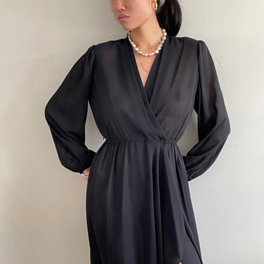 vintage 90s sheer chiffon black LBD wrap long sleeve dress | Medium