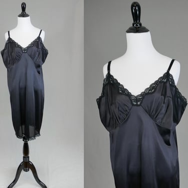 70s 80s Black Slip - Lace Trim Full Nylon Dress Slip - Beau Trix - Vintage 1970s 1980s - Size XL, 44 