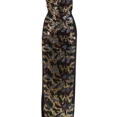 Chiara Boni - Black w/ Green & Gold Camo Sequins Strapless Gown Sz 8