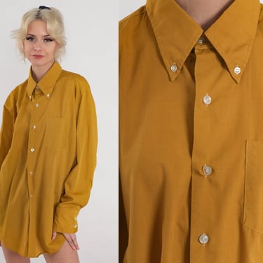 Mustard Shirt 70s Button up Dagger Collar Shirt Long Sleeve Top Disco Retro Collared Plain Yellow Brown Vintage 1970s Men's Large 16 1/2 