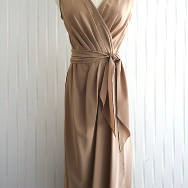 1970s - Uptown Girl -  Taupe Wrap Dress - Estimated size S/M 