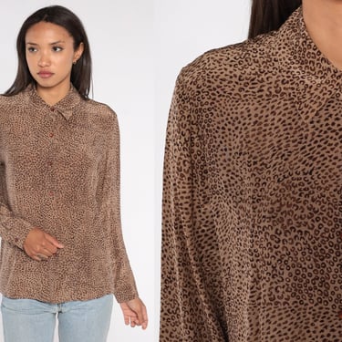 Silk Leopard Shirt 00s Top Brown Animal Print Blouse Shirt Long Sleeve Button Up Top Vintage Shirt Graphic 00s Medium 8 