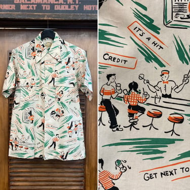 Vintage 1940’s -Deadstock- Malt Soda Shop Cartoon Atomic Rockabilly Shirt, 40’s Loop Collar Shirt, Vintage Clothing 