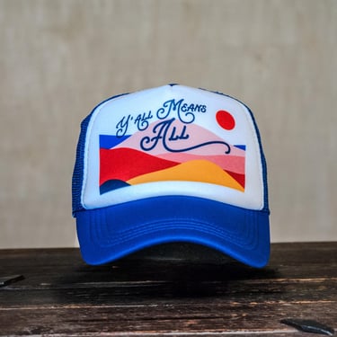 Ready to Ship | Trucker Hat | Hand Printed | Y'all Means All | Blue Hat 