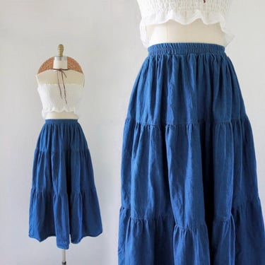 tiered denim maxi skirt - 26-36 - vintage 90s y2k blue chambray jean womens long cotton fall full skirt 