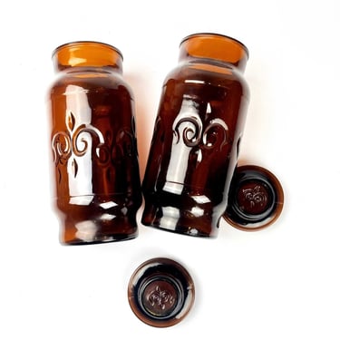 1970s Mid-Century Dark Amber Glass Apothecary Lidded Jars | Fleur De Lis 2/set 