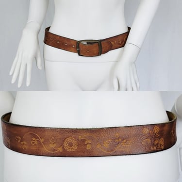 1970's Brown Tooled Leather Hippie Belt Mushrooms Brass Buckle I Sz Med I W 28" - 32" 