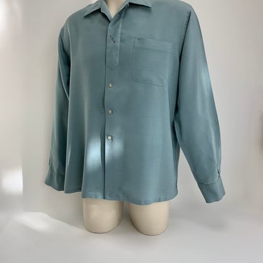 1950's Rayon Shirt - Aqua & Green Iridescent Fabric - Hidden Button Placket - Crown Crests - Loop Collar -  Men's Size Large 