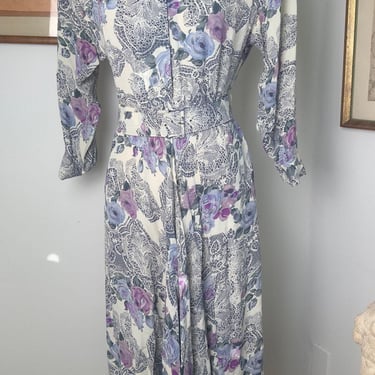 Vintage FLORAL MIDI DRESS For Women - Purple Rose Pattern - Button-Up Long Sleeve | Cottagecore Wedding Special Dress | Gifts Ideas 