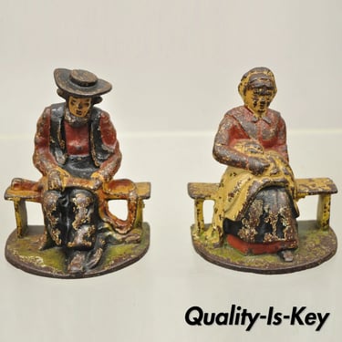 Antique Cast Iron Amish Man and Woman Couple Bookends - a Pair