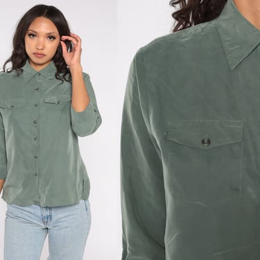 Green Blouse Y2k Military Inspired Button Up Shirt Retro Plain Simple Long Sleeve Collared Top Preppy Basic Vintage 00s Chest Pocket Small 