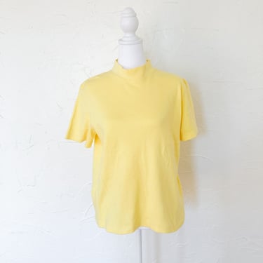 90s Yellow Cotton Mock Neck Short Sleeve Tee | Medium/Large 