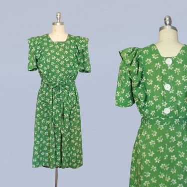 1930s Dress / 30s 40s Soft Cotton Swaying Tree Dress / Cinch Waist / Pockets 