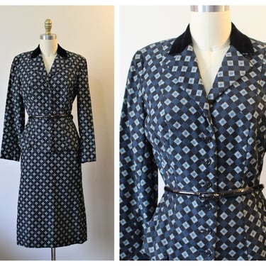 Vintage 50's BULLOCKS Pasadena Imported from France Blue Cheri Coton by David Crystal Black Cotton Velvet 2 piece Dress Suit // US 0 2 4 xs 