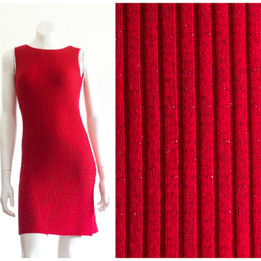 90s red ribbed knit dress with sparkles 