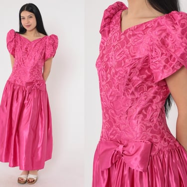 80s Party Dress Fuchsia Pink Taffeta Lace Dress Puff Sleeve Dress Bow Prom Dress Fit and Flare Prom Drop Waist Vintage 1980s Formal Medium 8 