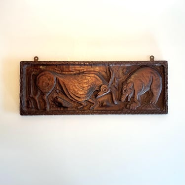 Evelyn Ackerman “animal woodblock” hand carved wood panel depicting a Bull and a Bear 