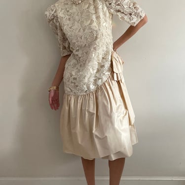 Vintage 80s Lace Dropped Waist Open Lace Silk Taffeta Princess Di Tea Dress | Medium