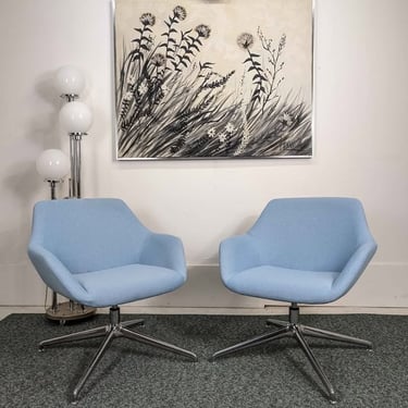 MCM Style Baby Blue &amp; Chrome Swivel Lounge Chairs