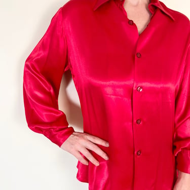 70’s Bright Fire Engine Red Silky Slinky Rayon Poet Sleeve Dagger Collar Blouse