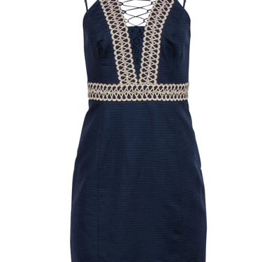 Lilly Pulitzer - Navy Textured Cotton High-Neck "Trista" Shift Dress w/ Gold-Embroidery Sz 2