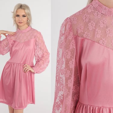 70s Victorian Dress Mini LACE Party Dress Grecian Pink Minidress Boho High Waist Bib Illusion Neckline Vintage 1970s Long Sleeve Medium 