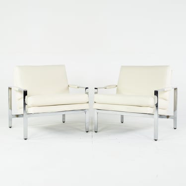 Milo Baughman for Thayer Coggin Mid Century Chrome Flat Bar Lounge Chairs - Pair - mcm 