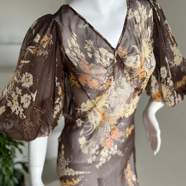Magnificent Fall Floral 1930s Bias Cut Silk Chiffon Gown Vintage 