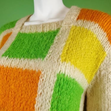 1960s mod wool sweater. Handmade chunky loose knit mohair. Colorblock checkers green yellow orange. Twiggy. One of a kind vintage. (OS) 