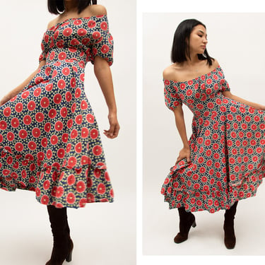 Vintage 1930s 30s Lightweight Cotton Red Abstract Print Full Circle Skirt Midi Dress w/ Scooped Neckline Off-The-Shoulder 