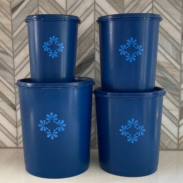 Vintage Tupperware Blue Canister Set, Servalier, Set of 4 canisters, Dark Blue with Light Blue Print, Navy, 805, 807, 809, 811, Retro 70s 