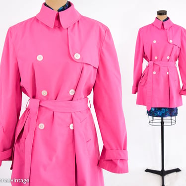 CHAPS |1990s Pink Short Trench Coat | 90s Pink Trench Coat | Barbie Pink Coat | CHAPS | Large 