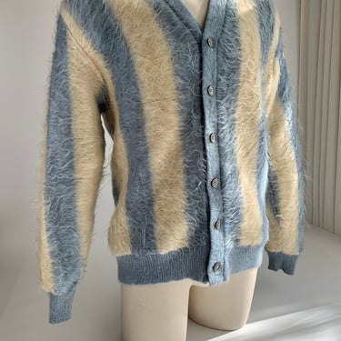 1950'S Super Furry MOHAIR Cardigan - Blue and Cream Stripes - SEARS Sportswear - U. S. A - Men's Size Large 