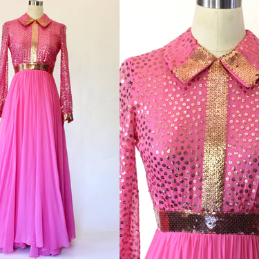 1960s Embellished Crepe Silk Evening Gown - Vintage Collared Shirt Waist Floor Length Dress with Gold Sequins - Size Small 
