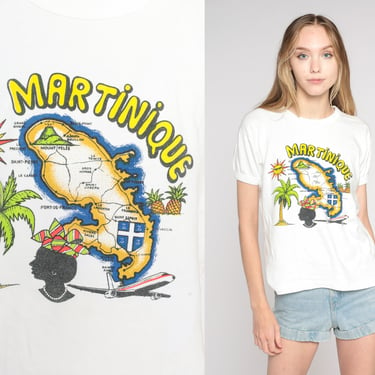 Martinique Shirt 80s 90s French Caribbean Islands T Shirt Tropical Palm Tree Sun Map Graphic Tee Tourist Single Stitch White Vintage Small S 