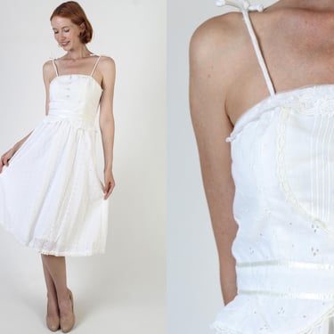 White Peplum Summer Wedding Dress, Vintage 70s Shoulder Tie Spaghetti Straps, Cottagecore Prairie Sundress 