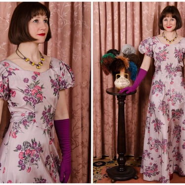 1930s Dress - Vintage 30s Springtime Floral Puffed Sleeved Garden Party Gown with Puffed Sleeves in Purple Hues 
