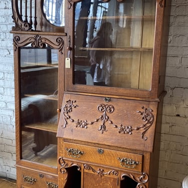 Wood Carved Glass Display Cabinet w Secretary and Mirror