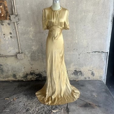 Vintage 1930s Gold Textured Silk Satin Art Deco Dress Maxi Braided Belt Keyhole