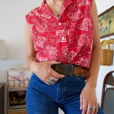 Vintage 60's 70's Sears Fashions Bandana Sleeveless Button-down Blouse 
