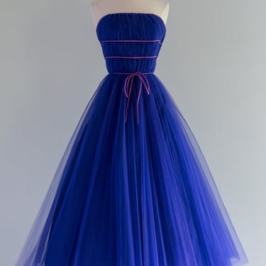 Divine 1950's Yves Klein Blue Pleated Strapless Prom Dress / Small