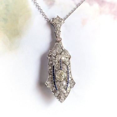 Art Deco 2.17 ctw Diamond Sapphire Wedding Pendant Necklace Platinum 