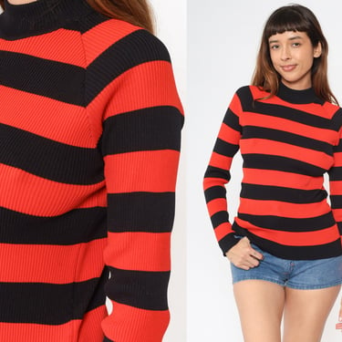 Red Striped Sweater 70s Mock Neck Sweater Black Knit Pullover Sweater Ribbed Raglan Sleeve 1970s Bohemian Hippie Vintage Tight Small Medium 