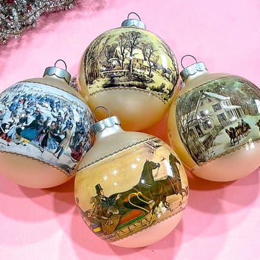 VINTAGE: 4pcs - Norman Rockwell Glass Ball Hallmark Keepsake Christmas Ornaments - Holiday Tree Ornaments 